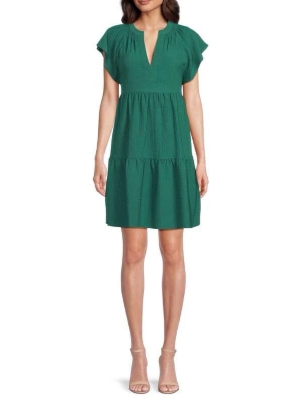 Calvin Klein Emerald Green Flutter-Sleeve Tiered Midi Dress